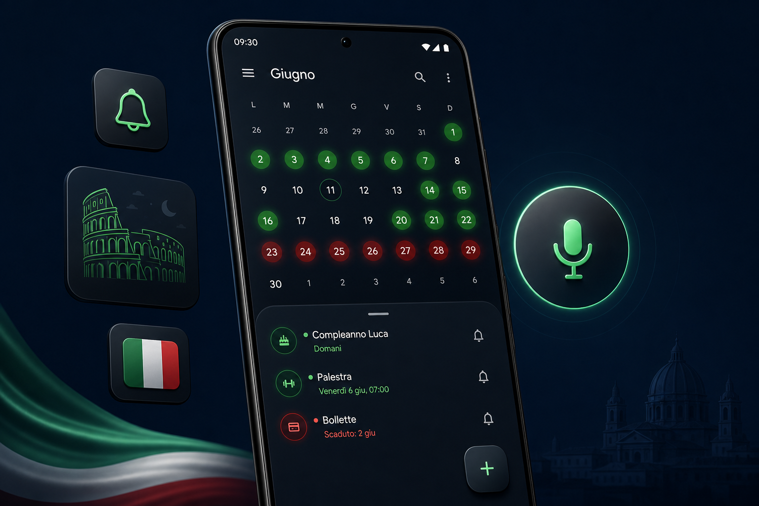 Schermata calendario e comandi vocali